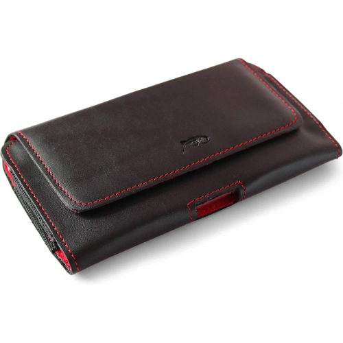 Skórzana kabura LURESKO FREYA XL do paska etui na telefon 165x82x10mm (czarny gładki czerwona nić czerwony środek)