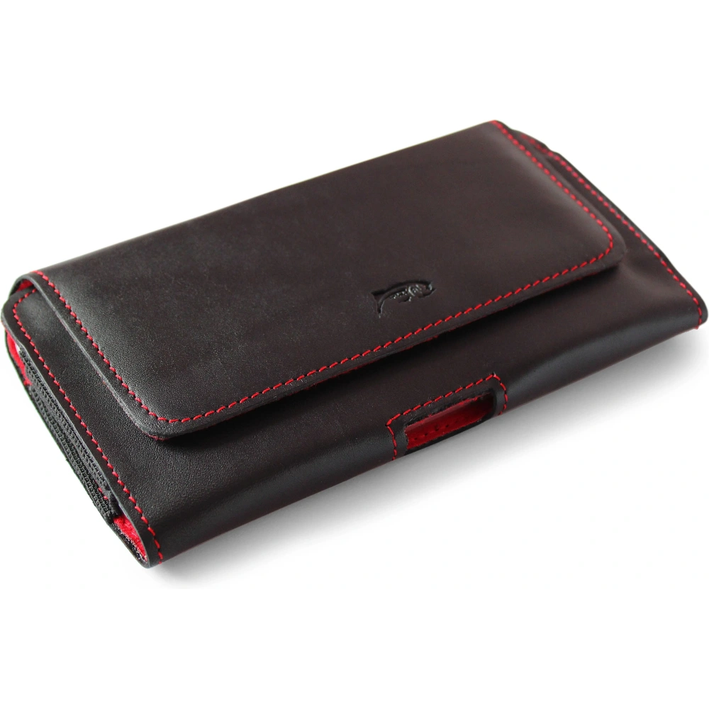 Wholesale LURESKO FREYA XL leather holster for belt, phone case 165x82x10mm (black smooth with red thread and red interior) - LUR5 - {ean13} - Hurt