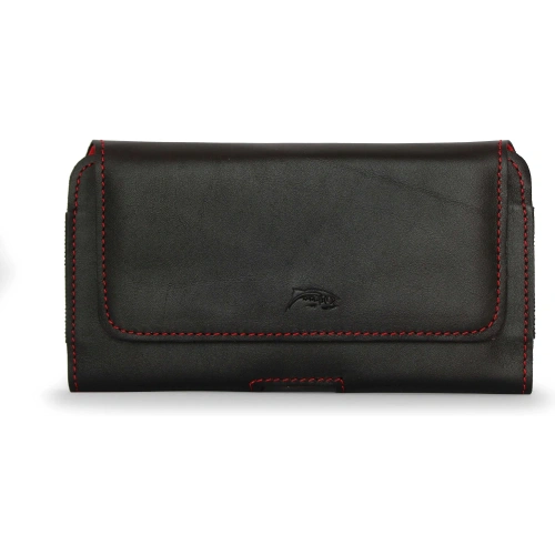 Skórzana kabura LURESKO FREYA XL do paska etui na telefon 165x82x10mm (czarny gładki czerwona nić czerwony środek)