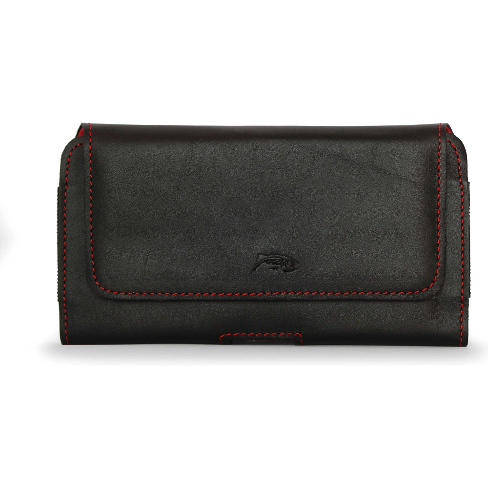 Wholesale LURESKO FREYA XL leather holster for belt, phone case 165x82x10mm (black smooth with red thread and red interior) - LUR5 - {ean13} - Hurt
