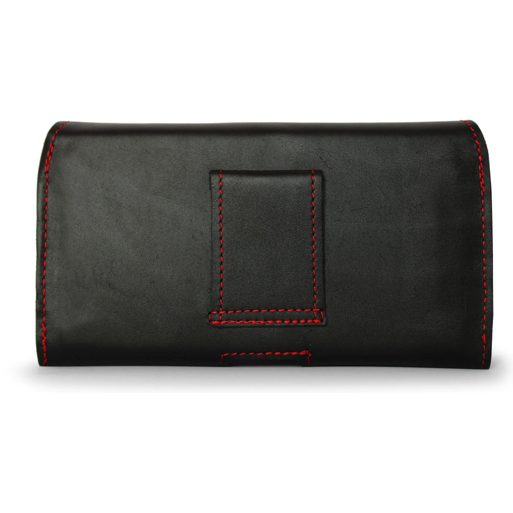 Wholesale LURESKO FREYA XL leather holster for belt, phone case 165x82x10mm (black smooth with red thread and red interior) - LUR5 - {ean13} - Hurt