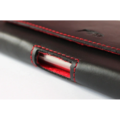Skórzana kabura LURESKO FREYA XL do paska etui na telefon 165x82x10mm (czarny gładki czerwona nić czerwony środek)