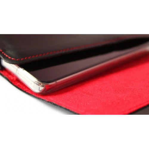 Skórzana kabura LURESKO FREYA XL do paska etui na telefon 165x82x10mm (czarny gładki czerwona nić czerwony środek)
