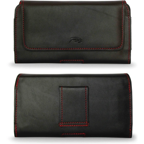 Skórzana kabura LURESKO FREYA XL do paska etui na telefon 165x82x10mm (czarny gładki czerwona nić czerwony środek)