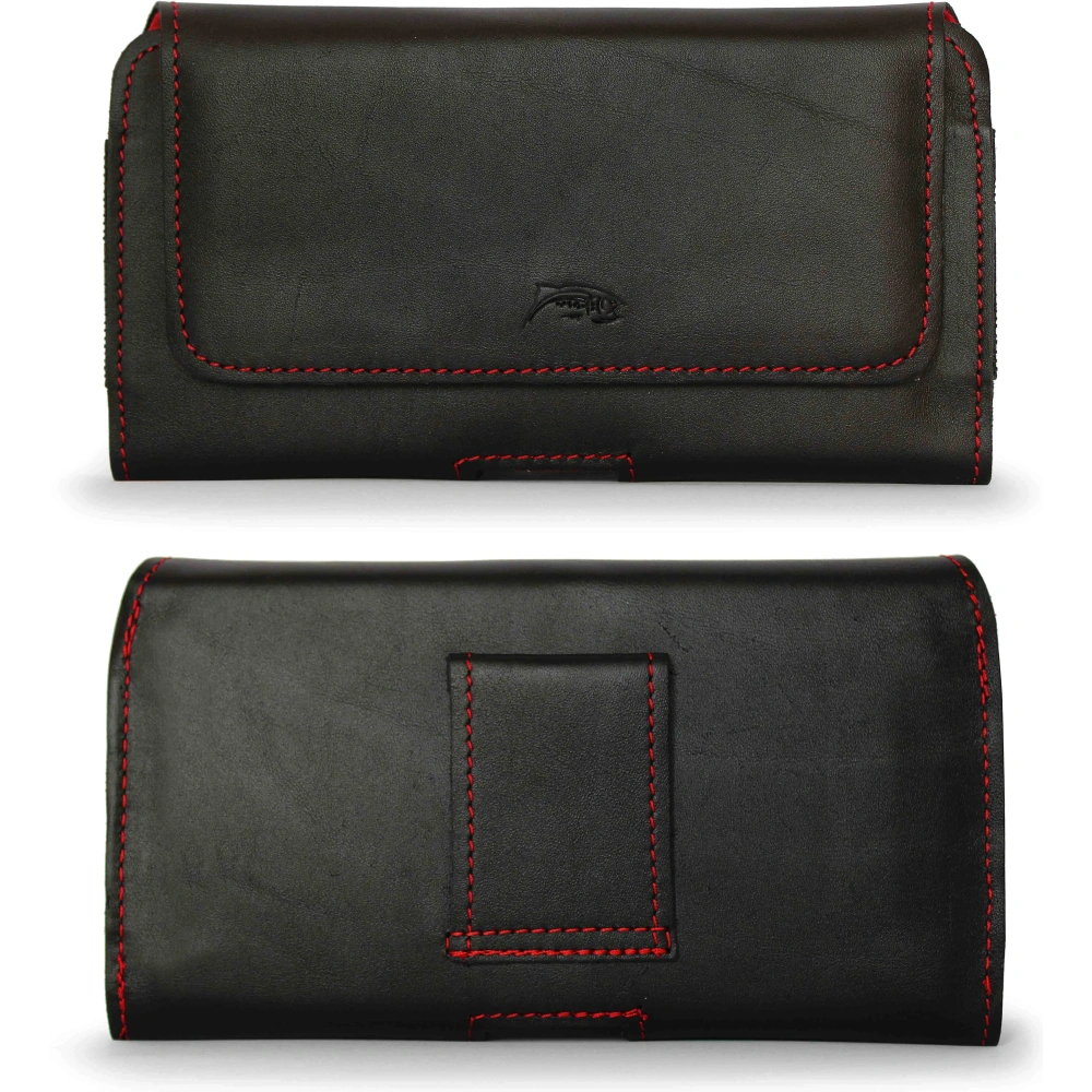 Wholesale LURESKO FREYA XL leather holster for belt, phone case 165x82x10mm (black smooth with red thread and red interior) - LUR5 - {ean13} - Hurt