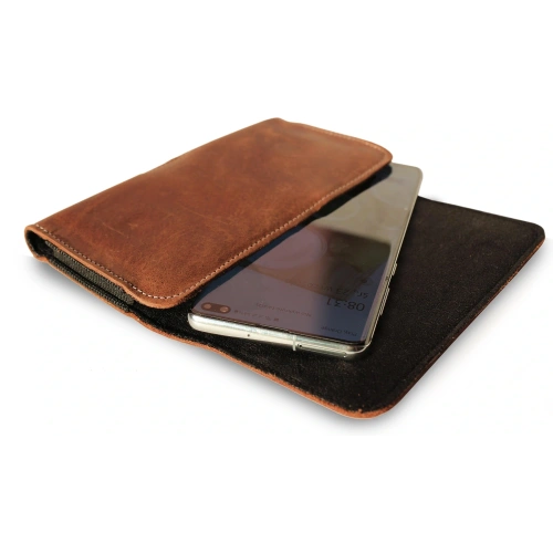 Skórzana kabura LURESKO FREYA XXL do paska etui na telefon 170x85x10mm (brąz vintage biała nić)