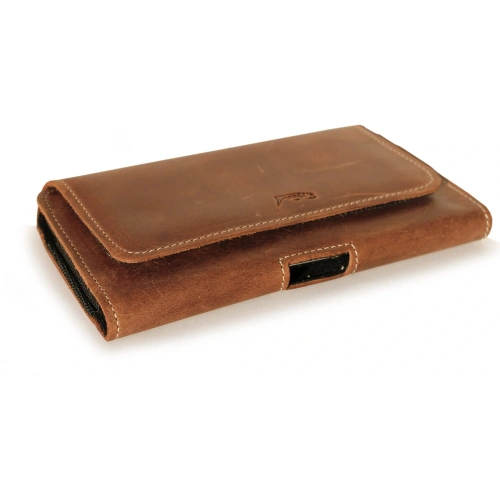 Skórzana kabura LURESKO FREYA XXL do paska etui na telefon 170x85x10mm (brąz vintage biała nić)