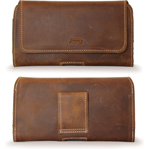 Skórzana kabura LURESKO FREYA XXL do paska etui na telefon 170x85x10mm (brąz vintage biała nić)