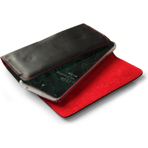 Skórzana kabura LURESKO FREYA XXL do paska etui na telefon 170x85x10mm (czarny gładki czerwona nić czerwony środek)