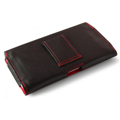 Skórzana kabura LURESKO FREYA XXL do paska etui na telefon 170x85x10mm (czarny gładki czerwona nić czerwony środek)