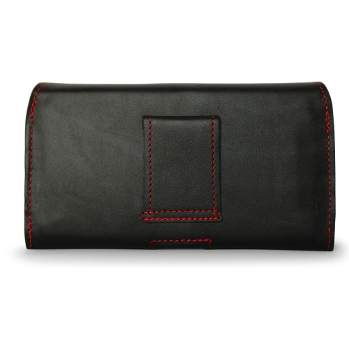 Skórzana kabura LURESKO FREYA XXL do paska etui na telefon 170x85x10mm (czarny gładki czerwona nić czerwony środek)
