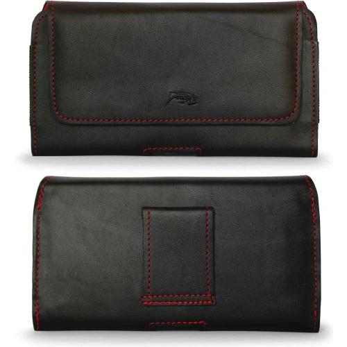 Skórzana kabura LURESKO FREYA XXL do paska etui na telefon 170x85x10mm (czarny gładki czerwona nić czerwony środek)