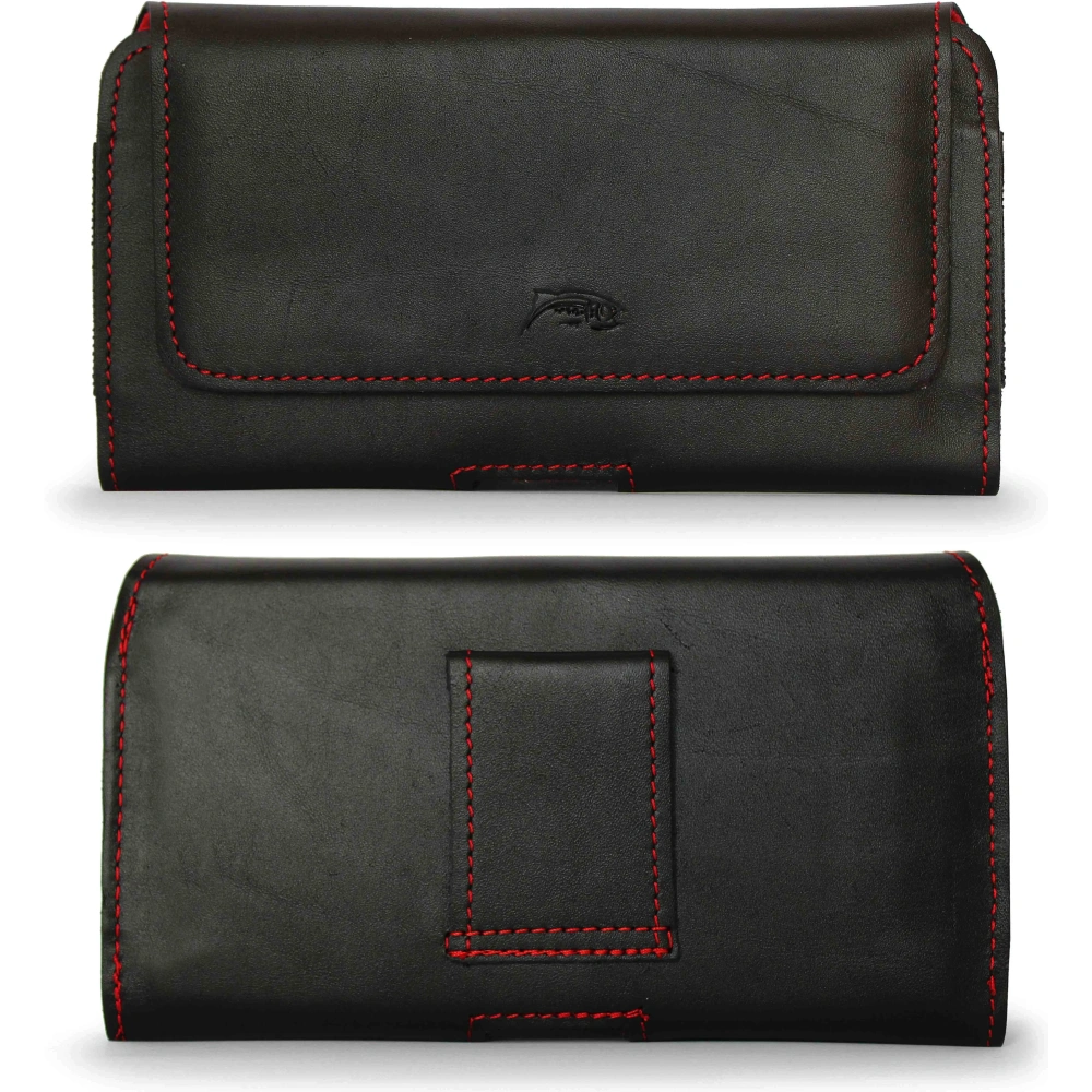 Wholesale LURESKO FREYA XXL leather holster for belt, phone case 170x85x10mm (black smooth, red thread, red interior) - LUR14 - {ean13} - Hurt