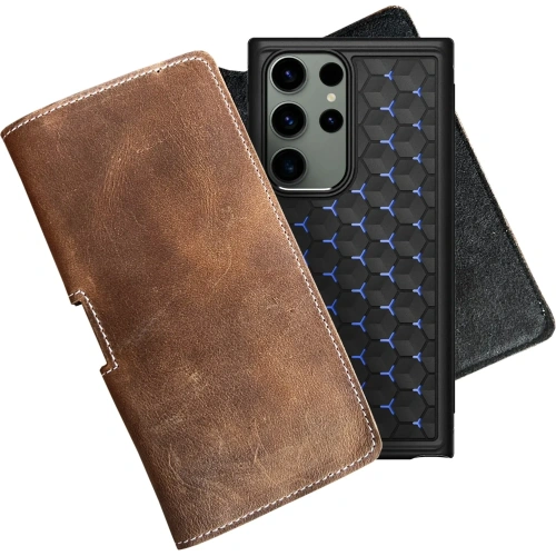 Skórzana kabura LURESKO FREYA 3XL do paska etui na telefon 175x83x15 (brąz vintage  biała nić)