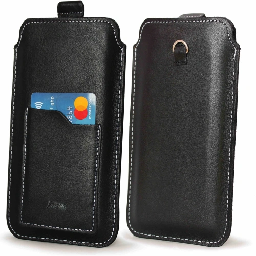 Skórzane etui uniwersalne LURESKO ASTER XXXL z oczkiem na smycz wsuwka na telefon 6.5' - 6.9' (czarny gładki biała nić)