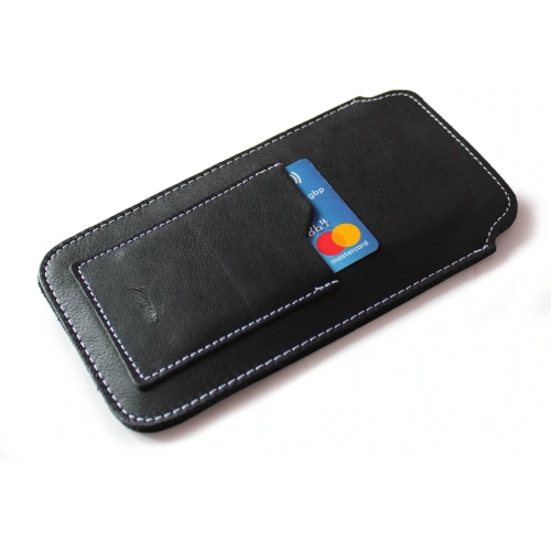 Skórzane etui uniwersalne LURESKO ASTER XXXL z oczkiem na smycz wsuwka na telefon 6.5' - 6.9' (czarny gładki biała nić)