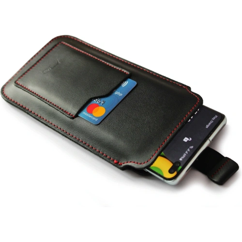 Skórzane etui uniwersalne LURESKO ASTER XXXL z oczkiem na smycz wsuwka na telefon 6.5' - 6.9' (czarny gładki czerwona nić)