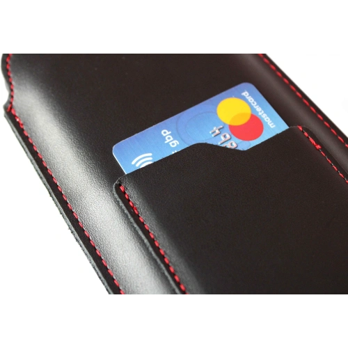 Skórzane etui uniwersalne LURESKO ASTER XXXL z oczkiem na smycz wsuwka na telefon 6.5' - 6.9' (czarny gładki czerwona nić)