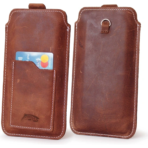 Skórzane etui uniwersalne LURESKO ASTER 4XL z oczkiem na smycz wsuwka na telefon do 7' (brąz vintage biała nić)