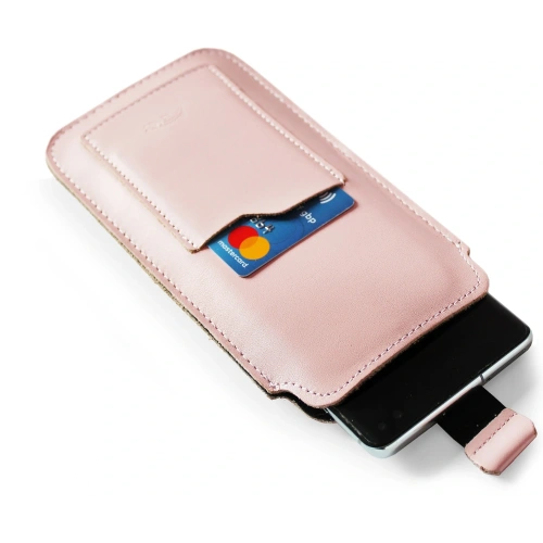 Skórzane etui uniwersalne LURESKO ASTER 4XL z oczkiem na smycz wsuwka na telefon do 7' (różowy gładki biała nić)