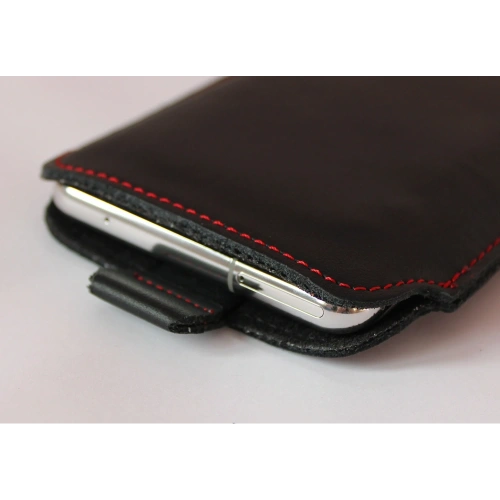 Skórzane etui wsuwane LURESKO LILLA XXXL wsuwka na telefon 6.5' - 6.9' (czarny gładki czerwona nić)