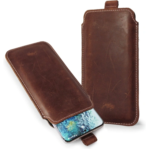 Skórzane etui wsuwane LURESKO LILLA 4XL wsuwka na telefon do 7' cali pokrowiec skórzany (brąz vintage biała nić)