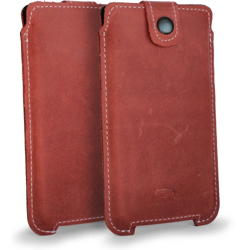 Skórzane etui LURESKO SOFIJA XXL uniwersalne zapinane na pasek (czerwony vintage biała nić)