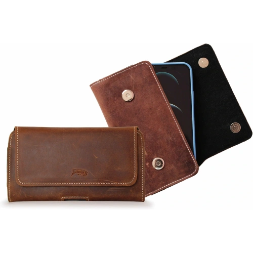 Skórzana kabura LURESKO SUNNE XL do paska 165x82x12 (magnes płaski) (brązowy vintage biała nić)