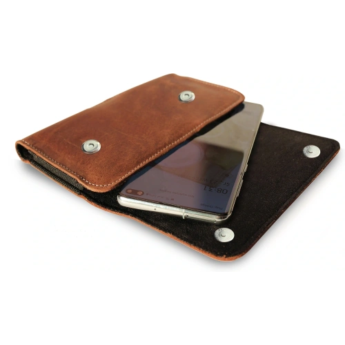 Skórzana kabura LURESKO SUNNE XL do paska 165x82x12 (magnes płaski) (brązowy vintage biała nić)