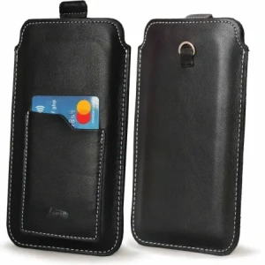 Hurtownia GSM - Skórzane etui uniwersalne z oczkiem na smycz LURESKO NEW ASTER XXXL wsuwka na telefon 6.5' - 6.9' (czarny gładki biała nić) - LUR104 - {ean13} - Hurt