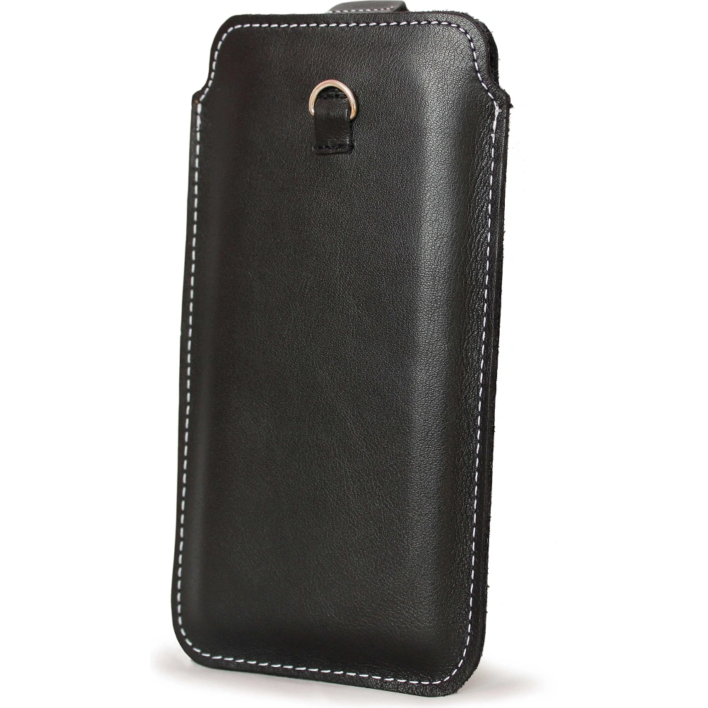 Hurtownia GSM - Skórzane etui uniwersalne z oczkiem na smycz LURESKO NEW ASTER XXXL wsuwka na telefon 6.5' - 6.9' (czarny gładki biała nić) - LUR104 - {ean13} - Hurt