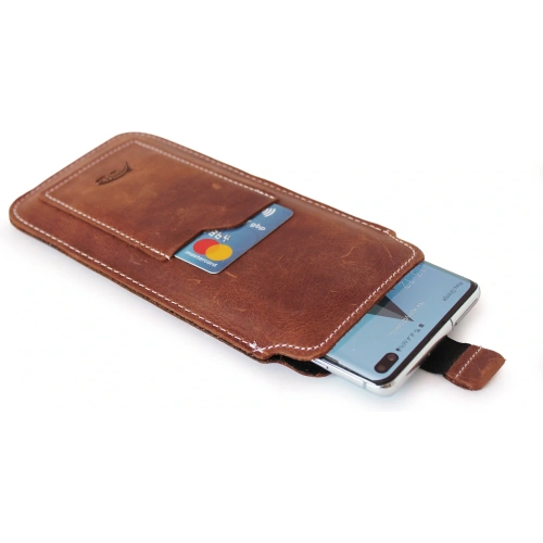 Skórzane etui uniwersalne z oczkiem na smycz LURESKO NEW ASTER XXXL wsuwka na telefon 6.5' - 6.9' (brązowy vintage biała nić)