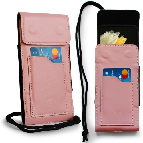 Skórzane etui na szyję / do paska / do szlufki kabura pionowa LURESKO HECTOR XXL 167x78x10mm (różowy gładki biała nić)