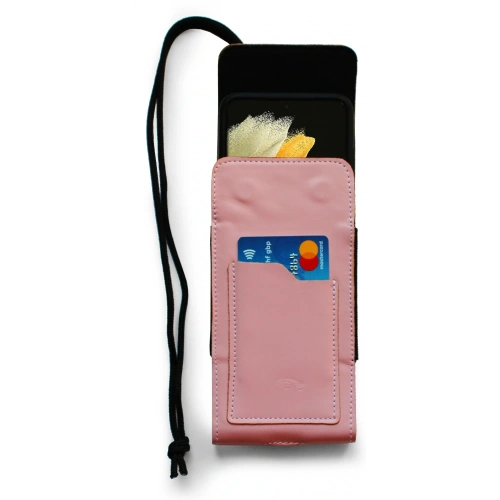 Skórzane etui na szyję / do paska / do szlufki kabura pionowa LURESKO HECTOR XXL 167x78x10mm (różowy gładki biała nić)