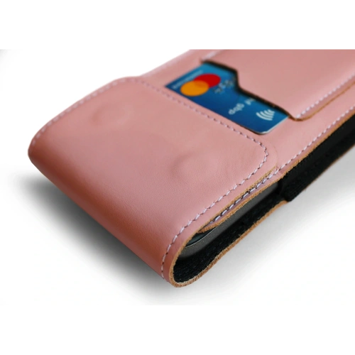 Skórzane etui na szyję / do paska / do szlufki kabura pionowa LURESKO HECTOR XXL 167x78x10mm (różowy gładki biała nić)