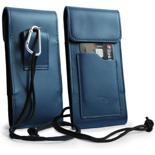 Skórzane etui na szyję / do paska / do szlufki kabura pionowa LURESKO HECTOR XXL 167x78x10mm (niebieski gładki niebieska nić)