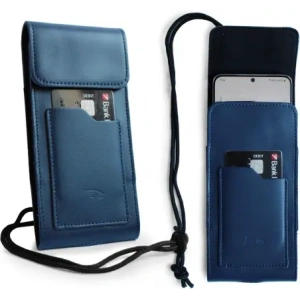 Wholesale LURESKO HECTOR XXL leather neck case / belt case / loop holster vertical 167x78x10mm (smooth blue with blue thread) - LUR124 - {ean13} - Hurt