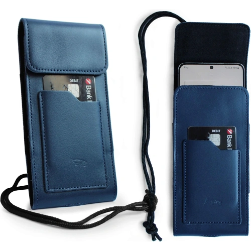 Skórzane etui na szyję / do paska / do szlufki kabura pionowa LURESKO HECTOR XXL 167x78x10mm (niebieski gładki niebieska nić)