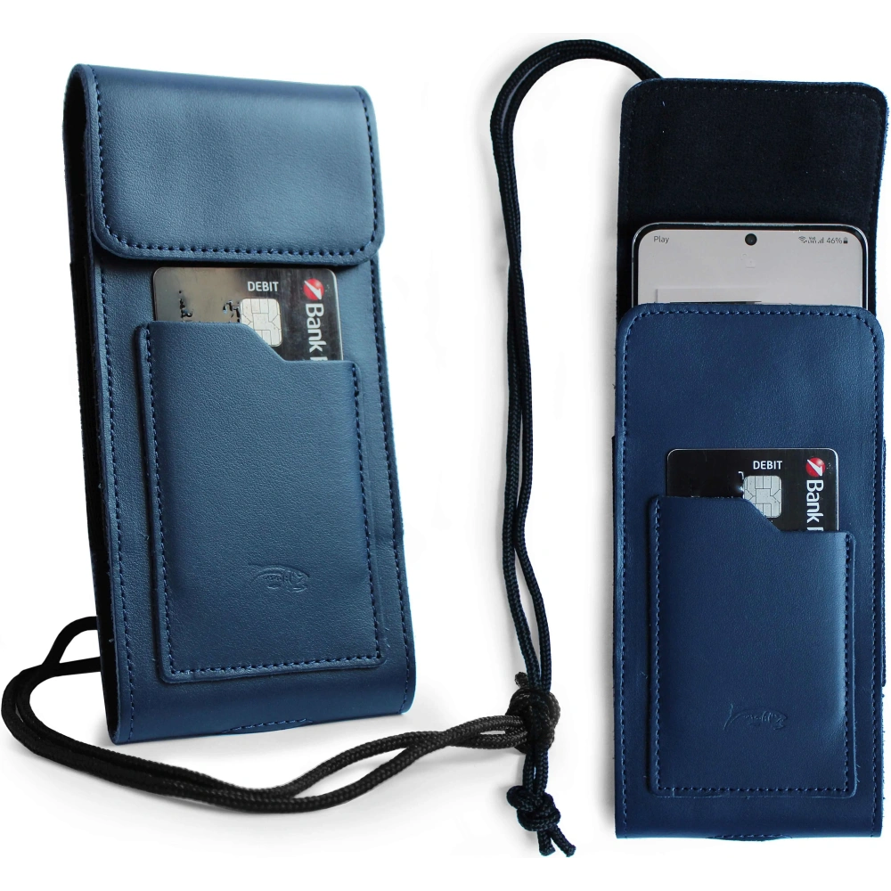 Wholesale LURESKO HECTOR XXL leather neck case / belt case / loop holster vertical 167x78x10mm (smooth blue with blue thread) - LUR124 - {ean13} - Hurt