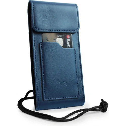 Skórzane etui na szyję / do paska / do szlufki kabura pionowa LURESKO HECTOR XXL 167x78x10mm (niebieski gładki niebieska nić)