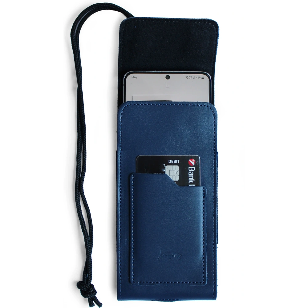 Wholesale LURESKO HECTOR XXL leather neck case / belt case / loop holster vertical 167x78x10mm (smooth blue with blue thread) - LUR124 - {ean13} - Hurt
