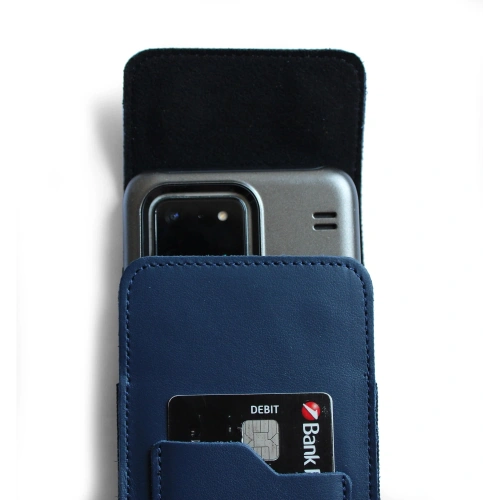 Skórzane etui na szyję / do paska / do szlufki kabura pionowa LURESKO HECTOR XXL 167x78x10mm (niebieski gładki niebieska nić)