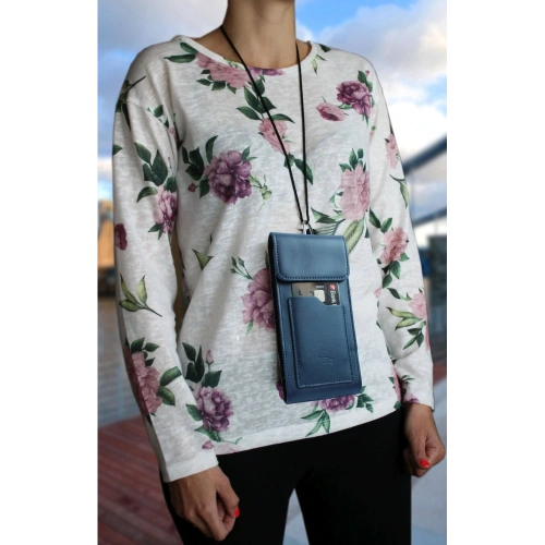 Skórzane etui na szyję / do paska / do szlufki kabura pionowa LURESKO HECTOR XXL 167x78x10mm (niebieski gładki niebieska nić)