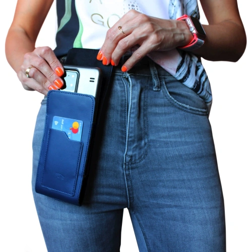 Skórzane etui na szyję / do paska / do szlufki kabura pionowa LURESKO HECTOR XXL 167x78x10mm (niebieski gładki niebieska nić)