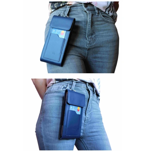 Skórzane etui na szyję / do paska / do szlufki kabura pionowa LURESKO HECTOR XXL 167x78x10mm (niebieski gładki niebieska nić)