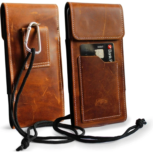 Skórzane etui na szyję / do paska / do szlufki kabura pionowa LURESKO HECTOR XXL 167x78x10mm (jasny brąz vintage biała nić)