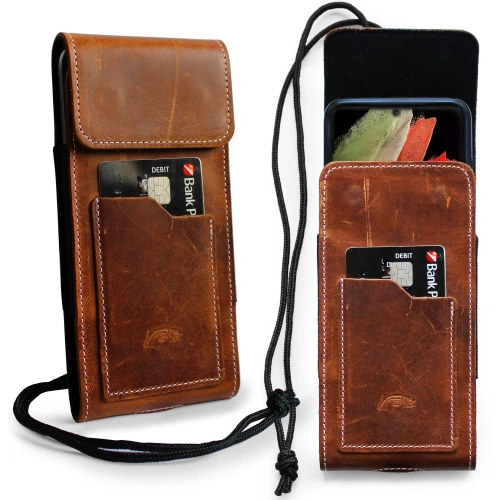 Skórzane etui na szyję / do paska / do szlufki kabura pionowa LURESKO HECTOR XXL 167x78x10mm (jasny brąz vintage biała nić)