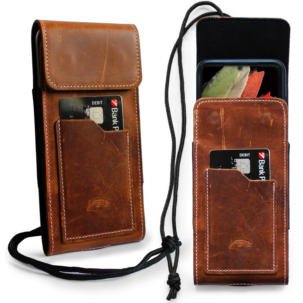 Wholesale LURESKO HECTOR XXL R XXL leather neck case / belt case / loop holster vertical 167x78x10mm (light vintage brown with white thread) - LUR125 - {ean13} - Hurt