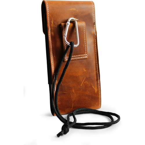 Skórzane etui na szyję / do paska / do szlufki kabura pionowa LURESKO HECTOR XXL 167x78x10mm (jasny brąz vintage biała nić)