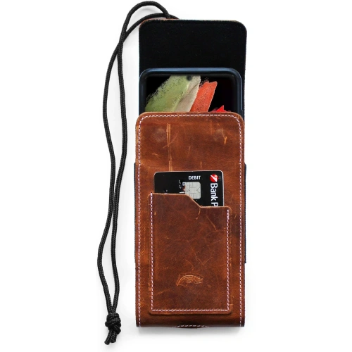 Skórzane etui na szyję / do paska / do szlufki kabura pionowa LURESKO HECTOR XXL 167x78x10mm (jasny brąz vintage biała nić)